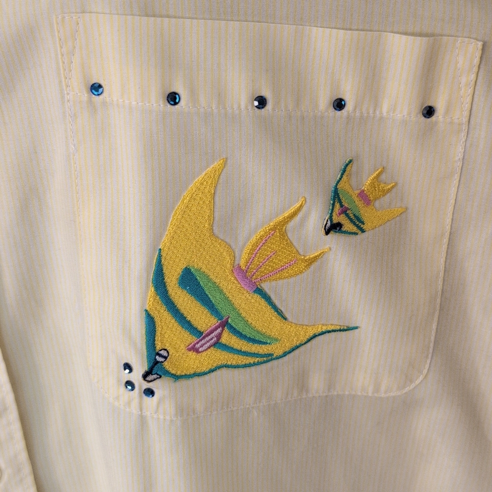 White and Butter Yellow Pinstriped Button-Up Shirt with Fish Embroidery - Picture 6 of 10